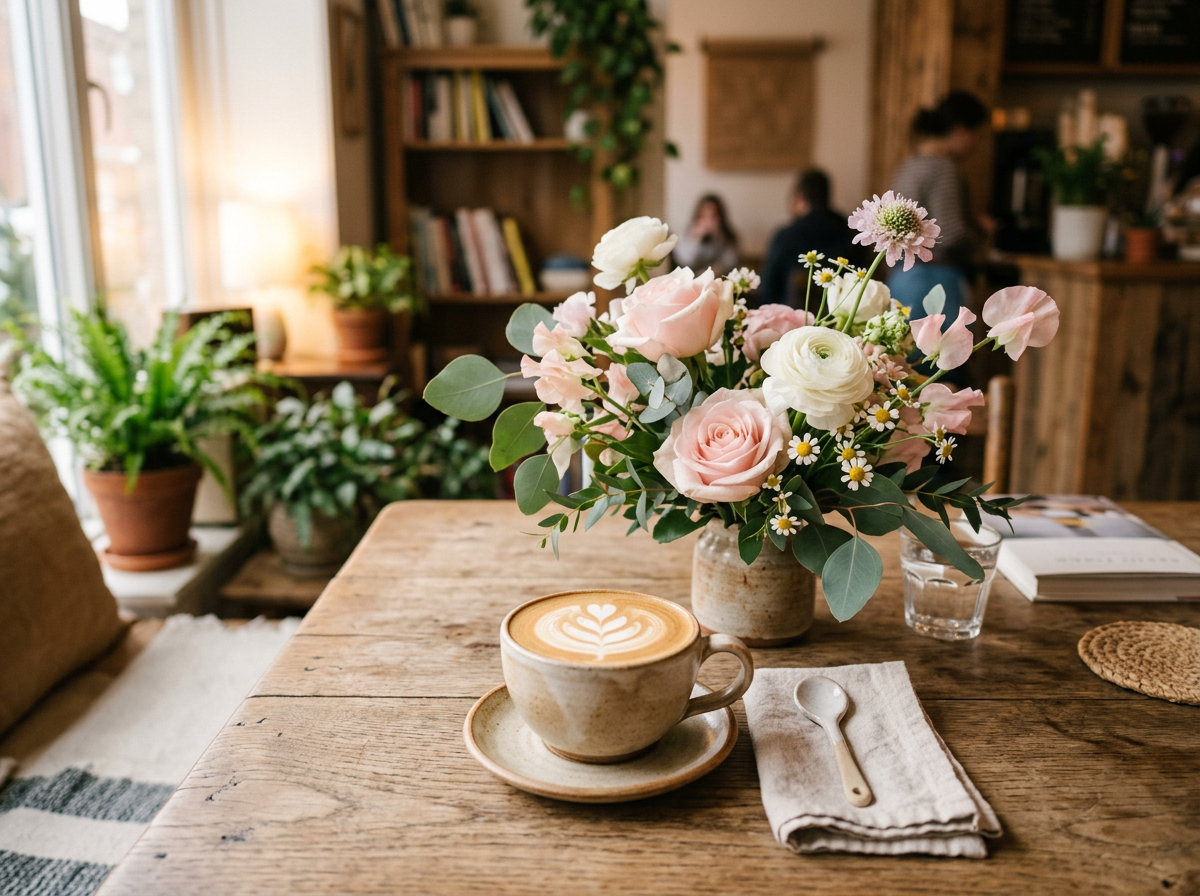 Latte art beside fresh flowers on a wooden table